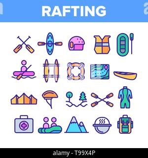 Rafting Trip Sport Linear Vector Icons einstellen. Rafting, Kajak Thin Line Kontur Symbole Pack. Aktivität im Freien, Adrenalin Chase Piktogramme Collectio Stock Vektor