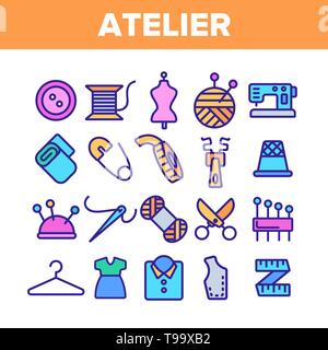 Mode Atelier und Nähen Linear Vector Icons einstellen. Atelier, Tailor Shop Thin Line Kontur Symbole Pack. Handarbeit, Schneidern Studio Piktogramme Col Stock Vektor