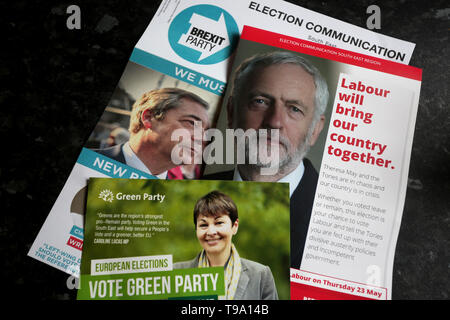 Allgemeine Ansichten der Kampagne Broschüren über der Eingangstür im Auftrag der Arbeits-, Grün- und Brexit Parteien, Chichester, Großbritannien. Stockfoto