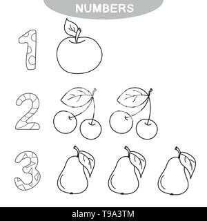 Lernspiel - Lernen zahlen. Malbuch für Kinder im Vorschulalter. Eins, Zwei, Drei, Obst Stock Vektor