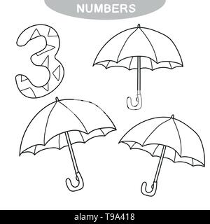 Lernspiel - Lernen zahlen. Nummer Drei. Malbuch für Kinder im Vorschulalter. Drei Schirme Stock Vektor