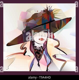 Frau mit Hut auf bunten Hintergrund-Vector Illustration Stock Vektor