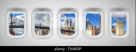 Die Queensboro Bridge in New York City als durch fünf Flugzeuge Windows gesehen. Urlaub und Reisen Konzept. Stockfoto