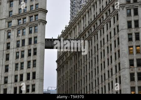 Chicago's Iconic Wrigley Gebäude entlang des Chicago River in der Nähe von North Seite gegenüber der Chicago Tribune Gebäude auf der Magnificent Mile, IL Stockfoto