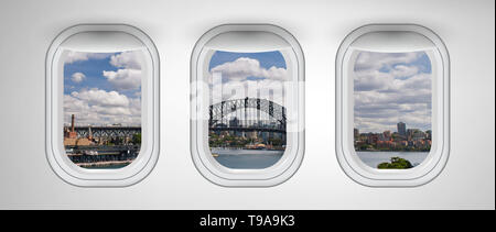 Sydney Harbour Bridge ab drei Flugzeug Windows gesehen. Urlaub, Ferien und Reisen. Stockfoto