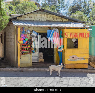 Festlicher Laden mit einem Hund und Kopfsteinpflaster Straße, in San Marcos, Lake Atitlan, Guatemala Stockfoto