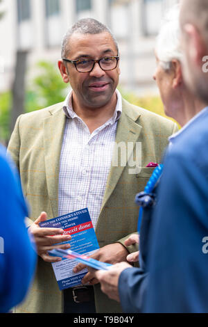 Brentwood, Essex, Großbritannien. 18. Mai 2019. James geschickt TD, VR, MP, Staatssekretär für die Europäische Union wirbt mit konservativen Kandidaten für die Europawahlen in Brentwood Essex Credit: Ian Davidson/Alamy leben Nachrichten Stockfoto