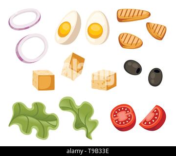 Salat Rezept. Caesar Salat Zutat. Frisches Gemüse cartoon Icon Design essen. Flache Vector Illustration auf weißem Hintergrund. Stock Vektor