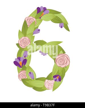 Nummer Sechs. Cartoon Blume font Design. Nummer 6 mit Blumen und Blätter. Flache Vector Illustration auf weißem Hintergrund. Stock Vektor