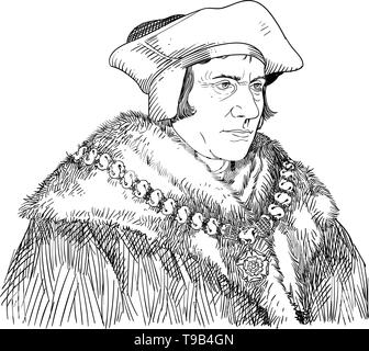 Sir Thomas More Portrait im Einklang Art Illustration. Er war ein englischer Anwalt, Philosoph, Autor, Staatsmann und humanist der Renaissance. Stock Vektor