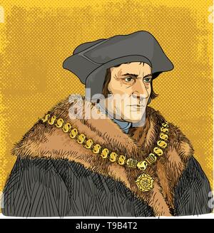 Sir Thomas More Portrait im Einklang Art Illustration. Wpw war ein englischer Anwalt, Philosoph, Autor, Staatsmann und humanist der Renaissance. Stock Vektor