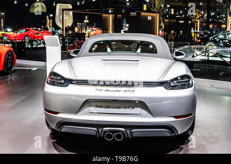 Brüssel, Belgien, 17.Januar 2019: metallic silber Porsche 718 Boxster GTS zu Brüssel Motor Show, Sport cabrio Auto gebaut von Porsche Stockfoto