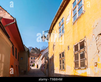 Alten bunten Häuser in Sighisoara Zitadelle auf einem sonnigen Frühling morgens mit einem Blick auf die Kirche auf dem Hügel. Stockfoto