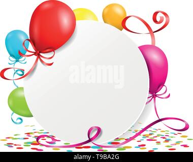 Schaltfläche mit Luftballons, Konfetti und Luftschlangen Stock Vektor