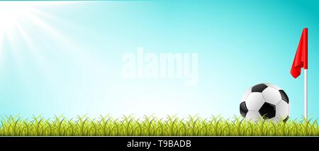 Fußball-Fußball liegen auf dem Rasen mit Ecke Banner und sonnigen blauen Himmel vektor design Stock Vektor