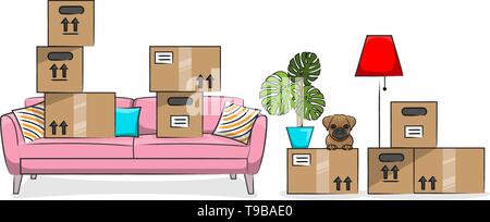 Kisten auf einem Sofa mit einem niedlichen Hund Stock Vektor