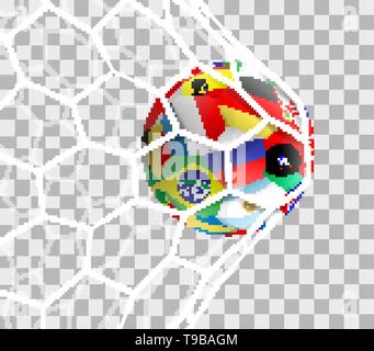 Fußball mit unterschiedlichen nationalen Flaggen im Ziel net isoliert Stock Vektor