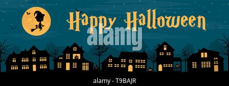 Stadt Silhouette mit einer Hexe, Kürbisse und Fledermäuse in der Nacht. Happy Halloween Banner. Stock Vektor
