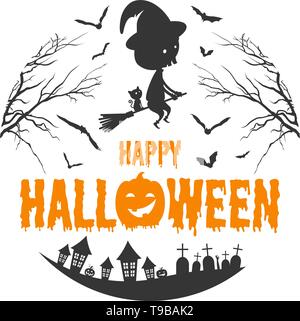 Happy Halloween Symbol mit einer Hexe, Kürbisse und Fledermäuse Stock Vektor