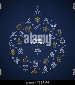 Frohe Weihnachten dünne Linie Symbole Kreis Vektor Karte Hintergrund Stock Vektor