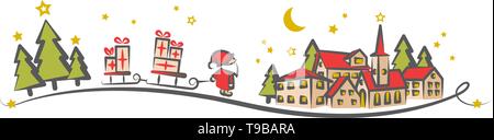 Christmas Village mit Weihnachtsbaum und Weihnachtsmann mit Geschenken Stock Vektor