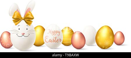 Frohe Ostern Osterhase mit goldenen und Rose goldene Eier isoliert Stock Vektor