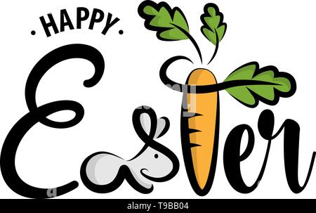 Frohe Ostern Hand gezeichnet Kalligraphie mit Osterhase isoliert Stock Vektor