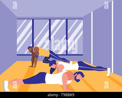 Gruppe von Athletik, die Brust Push-ups in der Turnhalle Vector Illustration Design Stock Vektor