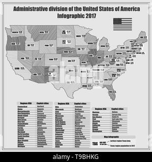 Zusammenfassung Karte von USA mit Regionen und Informationen. Schwarz-weiß illustration mit Karte der Vereinigten Staaten von Amerika mit Abteilung und info Grafik. Stockfoto