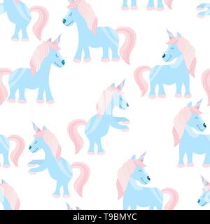 Nahtlose Muster mit mehreren netten Märchen von Einhorn Kinder Druck auf ein T-Shirt. Vector Illustration Stock Vektor