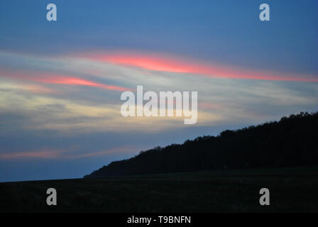 Schönen Sonnenuntergang, lila-rosa Himmel, Eichen Silhouetten Linie entlang Wiese, Sonne am Horizont Stockfoto