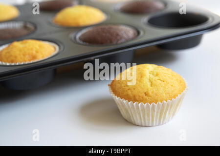 Frisch gebackene Kuchen Kuchen in zwei Sorten in einem Muffin tin, einer ständigen außerhalb, ausgewählte konzentrieren, enge Tiefenschärfe Stockfoto