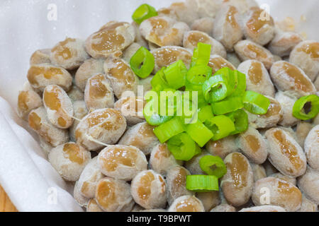 Natto - eine beliebte und gesunde Japanische Lebensmittel aus vergorenem Bohnen in einem Styropor Behälter mit grünen Frühlingszwiebeln als Belag. Stockfoto