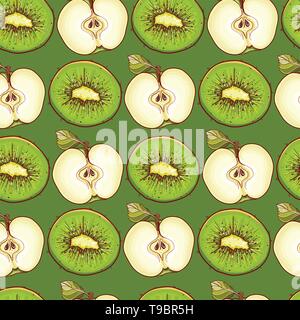 Grüne vector Hintergrund für Design mit Äpfel und Kiwis. Nahtlose Muster mit Früchten. Eps 10. Stock Vektor