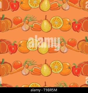 Helle Vorlage für Design. Satz von orange Früchte und Gemüse auf orange nahtlose Vektor Muster. Nahtlose Hintergrund. Eps 10. Stock Vektor