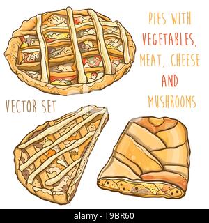 Vektor farbige Abbildung der Torten mit Füllung: Gemüse, Fleisch, Käse und Champignons. Vektor einrichten. Eps 10. Stock Vektor