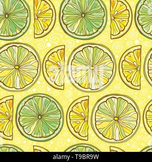 Gelbe nahtlose Vektor Muster mit Zitrone und Limone. Citrus Hintergrund. Eps 10. Stock Vektor