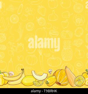 Helle Vorlage für Design. Satz von gelben Früchten und Gemüse auf Hellgelb nahtlose Vektor Muster. Nahtlose Hintergrund. Eps 10. Stock Vektor