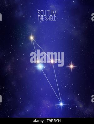 Scutum schild Sternbild Karte auf ein Sternenhimmel raum Hintergrund. Sterne relativen Größen und Farbnuancen auf ihrer spektralen Typ basiert. Stockfoto