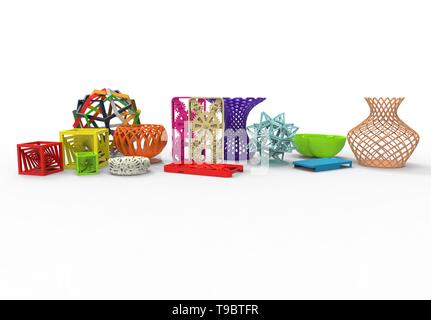 3D-Rendering der Sammlung von farbigen komplexen Typische 3D-Drucken Produkte Stockfoto