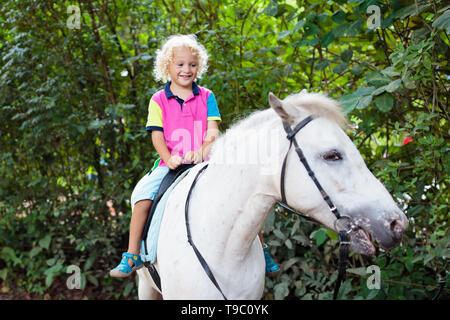 Little boy Reiten im Sommer Urlaub in country Ranch. Kinder lernen, Pferde zu reiten. Kinder und Tiere Freundschaft. Kleines Kind auf weißen Pony. K Stockfoto