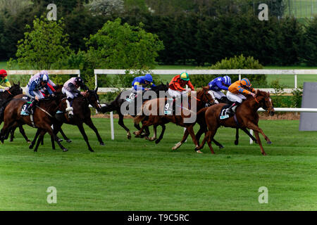 Leoprdstwn Damen Abend am 17. Mai 2019, Pferderennen, Rennbahn Leopardstown, Dublin, Irland. im Rennen um die Ziellinie. Stockfoto