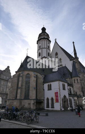 Der Blick auf die St. Thomas Kirche in Leipzig, Deutschland Stockfoto