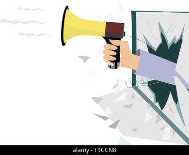 Hand mit Megafon bricht das Fenster isoliert Abbildung. Hand mit Megaphon erscheint aus dem gebrochenen Fenster isoliert auf weißem Stock Vektor