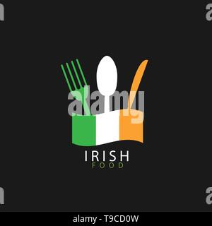 Irisches Essen Symbol. Irische Flagge Löffel, Gabel und Messer Symbole Stock Vektor
