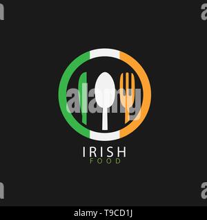 Irisches Essen Symbol. Irische Flagge Löffel, Gabel und Messer Symbole Stock Vektor