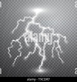 Realistische Blitze mit Transparenz für Design. Donner - Sturm und Blitze. Magie und helle Beleuchtung. Vector Illustration. Stock Vektor