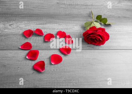 Rote Rose neben Blütenblätter angeordnet in Herzform auf rustikalen Holzoberfläche - Liebe und Romantik Konzept Bild mit Textfreiraum. Stockfoto