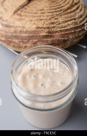Sourdough starter Hefe in einem Glas neben einem Hause gesund Brot hergestellt werden. Stockfoto