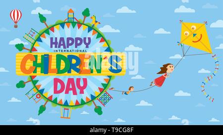 Happy Weltkindertag Grußkarte. Text in einem Kreis umgeben von Spielplätzen und Bäume, wo die Kinder fliegen Thema Fliegen Stock Vektor